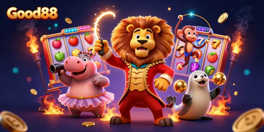 Experience thrilling wins in Good88’s vibrant slot casino game with dynamic characters and colorful elements.