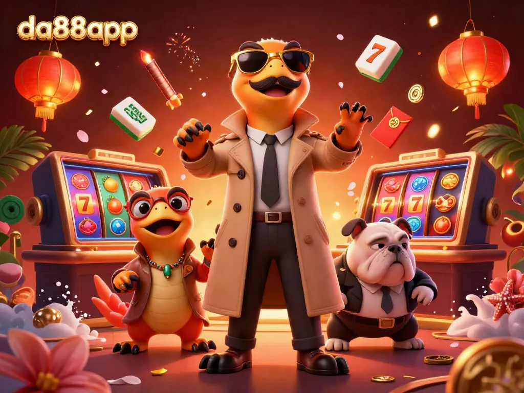 Experience thrilling gaming at da88app with cartoon raptors sneaking into a casino, surrounded by exciting slot elements.