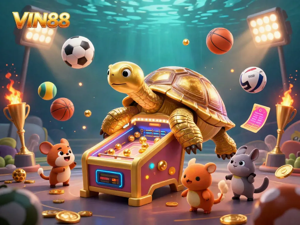 Engage with the vibrant and exciting world of VIN88 casino featuring a colossal tortoise pinball machine, surrounded by dynamic sports balls and glowing trophies.