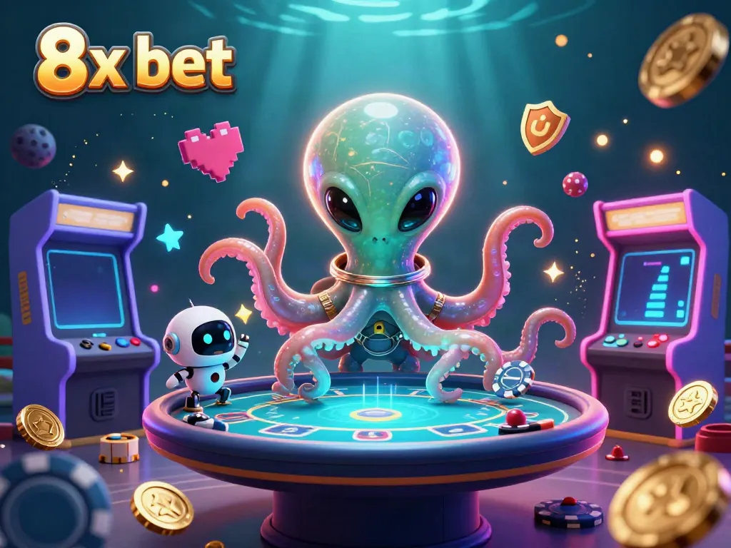 Engaging 3D illustration showcasing an octopus dealer at a floating poker table, embodying the spirit of 8x bet.