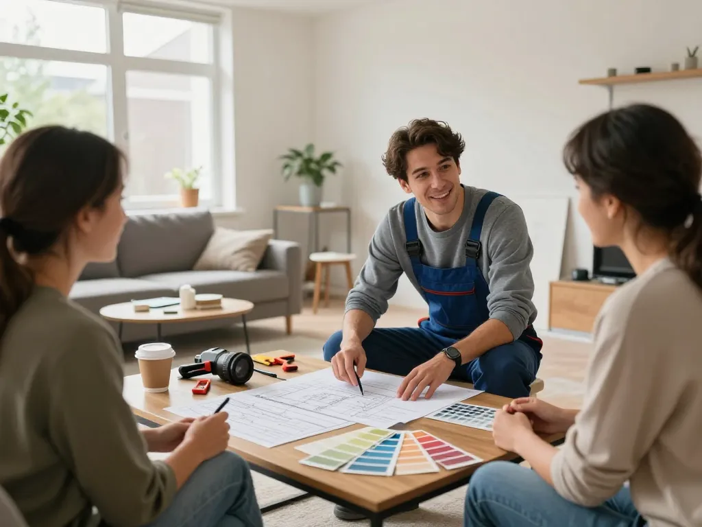 verbouwing en verhuizing Utrecht met een aannemer en huiseigenaren die renovatieplannen bespreken in een gezellige woonkamer