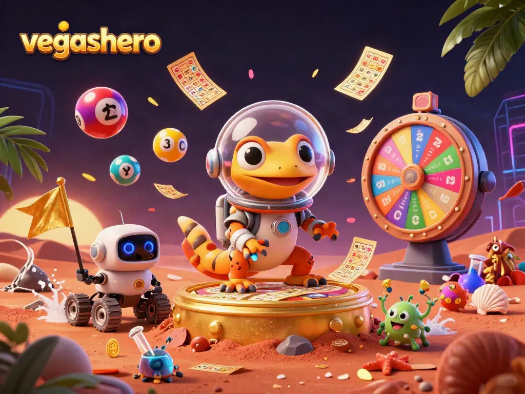 Experience vegashero in an exciting casino adventure with a Martian gecko and colorful lottery elements.