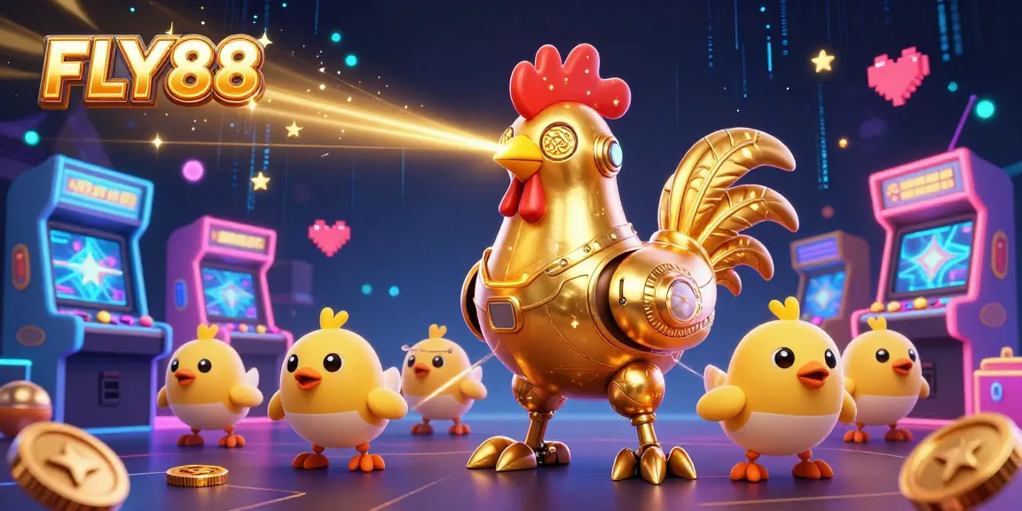 Engage with FLY88's vibrant casino-themed illustration, featuring a golden rooster robot and game elements.