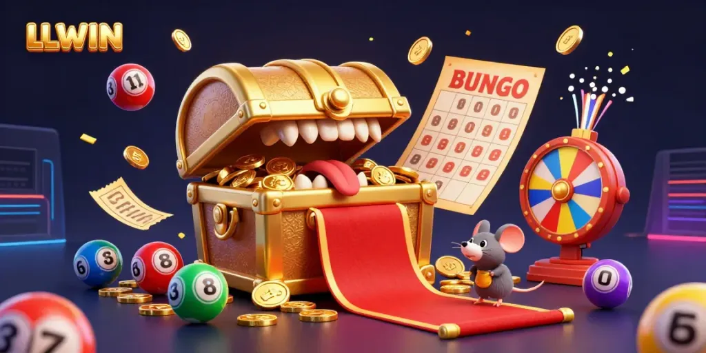 Experience LLWIN with a vibrant illustration showcasing a treasure chest and dynamic lottery elements, highlighting exciting online gaming.
