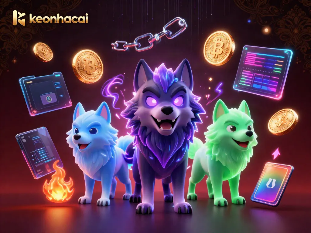 Engage with keonhacai's thrilling crypto-themed casino illustration, featuring dynamic wolf characters amidst vibrant elements.