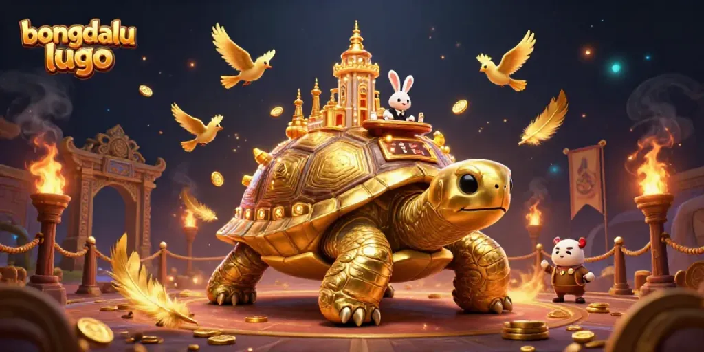 Experience dynamic betting excitement with the bongdalu lugo scene featuring a golden tortoise and a rabbit dealer in a vibrant casino setting.