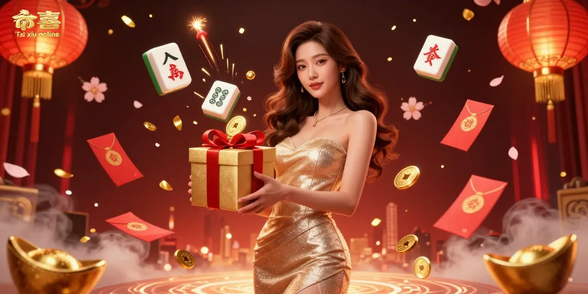 Experience the excitement of Tai xiu online with vibrant visuals of a beautiful woman and festive motifs.