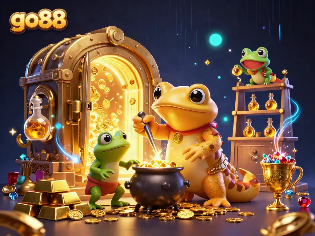 Play exciting games at go88, featuring vibrant alchemist and gold-filled scene illustrating online casino wealth.