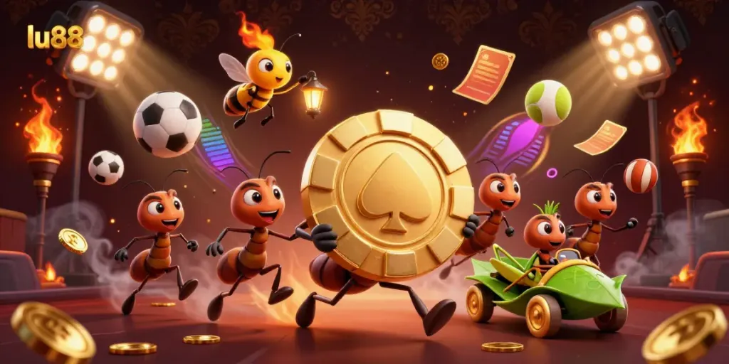 Join the thrilling LU88 adventure as cartoon ants orchestrate a heist with a massive golden poker chip.