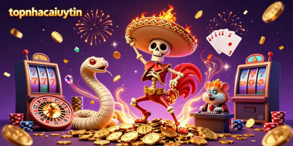 Experience topnhacaiuytin with vibrant 3D cartoon characters celebrating amidst gold coins and casino elements.