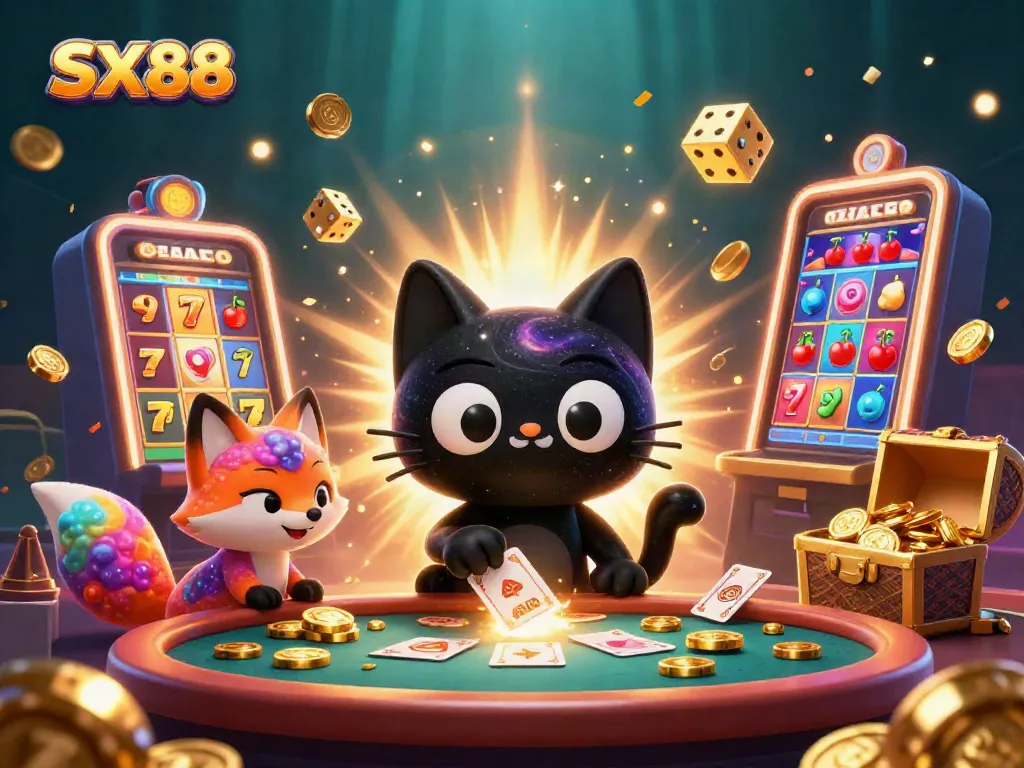SX88 cat magnetizing casino chips at a vibrant cosmic table, surrounded by colorful gaming elements
