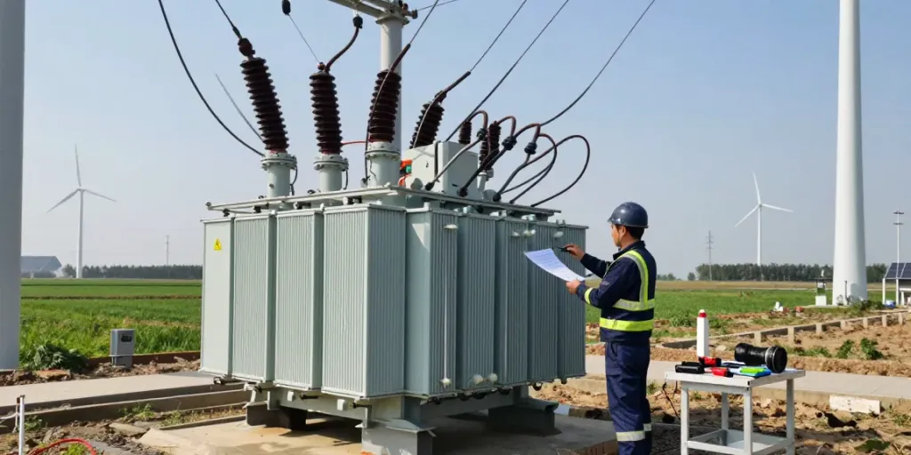 Technicus inspecteert een MV transformator in een vernieuwbare energie-installatie met windturbines op de achtergrond.