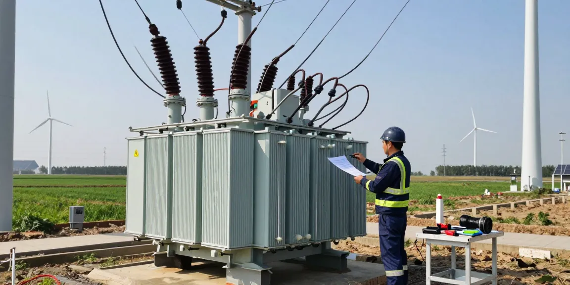 Technicus inspecteert een MV transformator in een vernieuwbare energie-installatie met windturbines op de achtergrond.