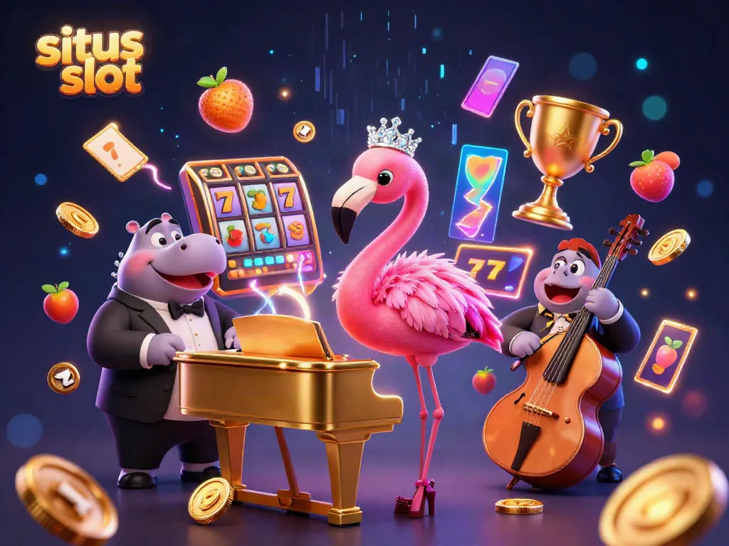Experience the thrill of situs slot with a vibrant 3D cartoon casino scene featuring dynamic slot symbols and engaging characters.