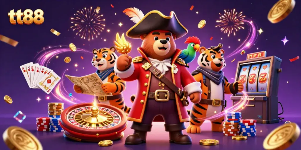 Experience exciting gameplay at tt88 with a dynamic scene featuring casino elements and characters.