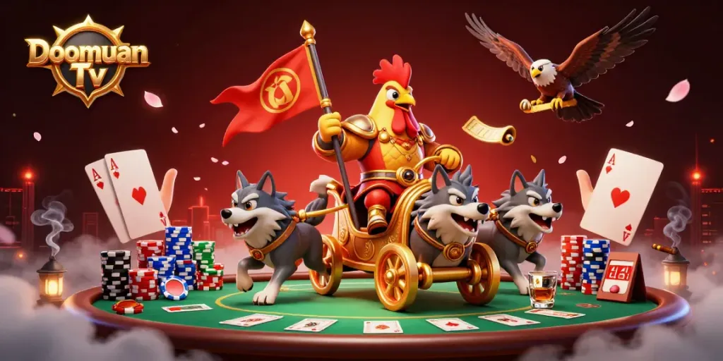 Doomuan Tv brings the thrill of gambling to life with a vibrant 3D representation of a warlord, poker scenes, and dynamic gaming elements.