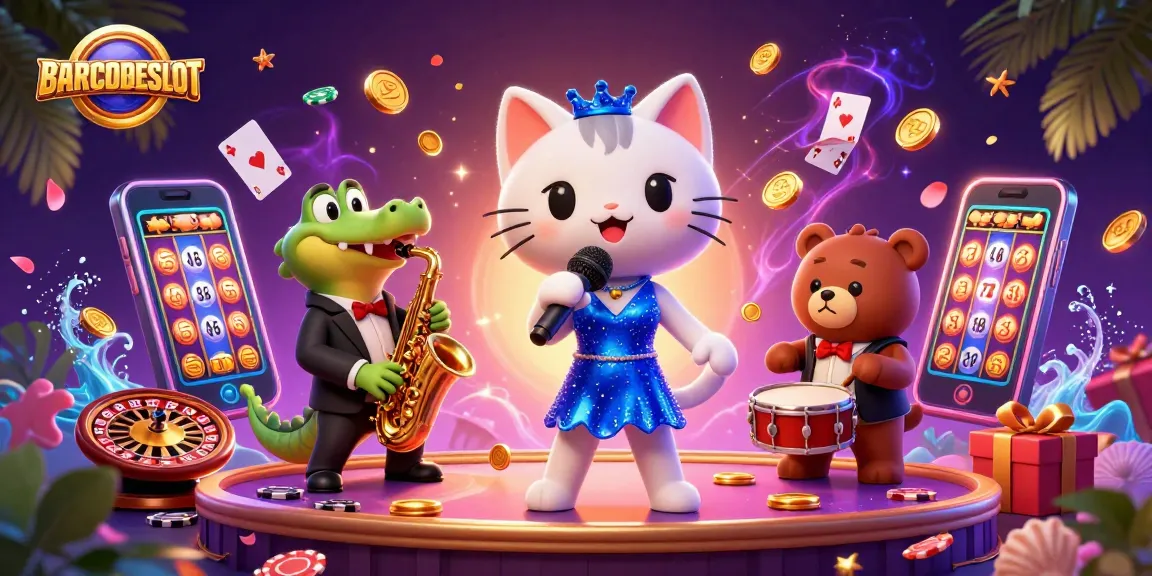 Join the excitement at BARCODESLOT with a lively casino performance featuring adorable characters and vibrant slot game elements.