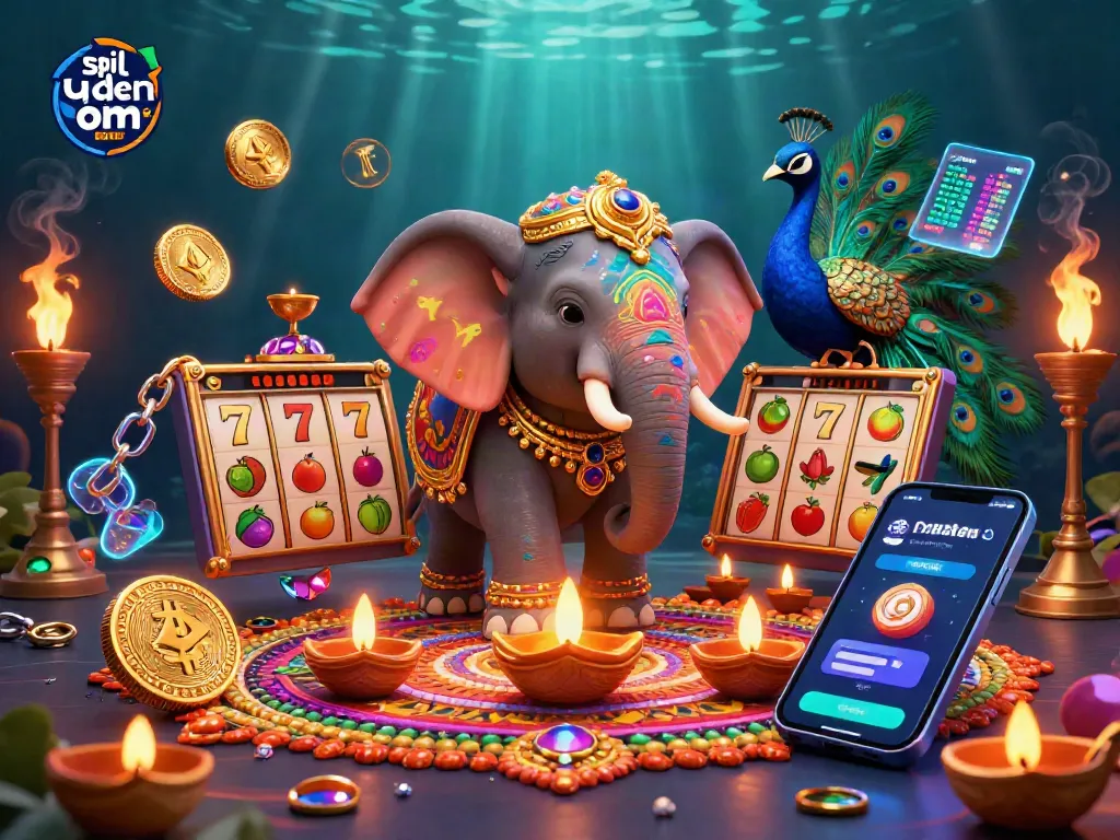 Engage with spil uden om ROFUS in this vibrant casino scene featuring a Diwali-themed elephant and a peacock.