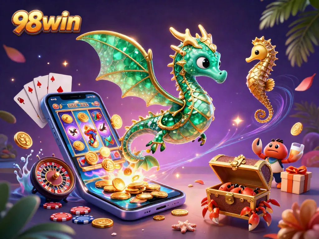 Spin reels and win big with 98win's vibrant, treasure-filled casino illustration crafted in stunning 3D detail.