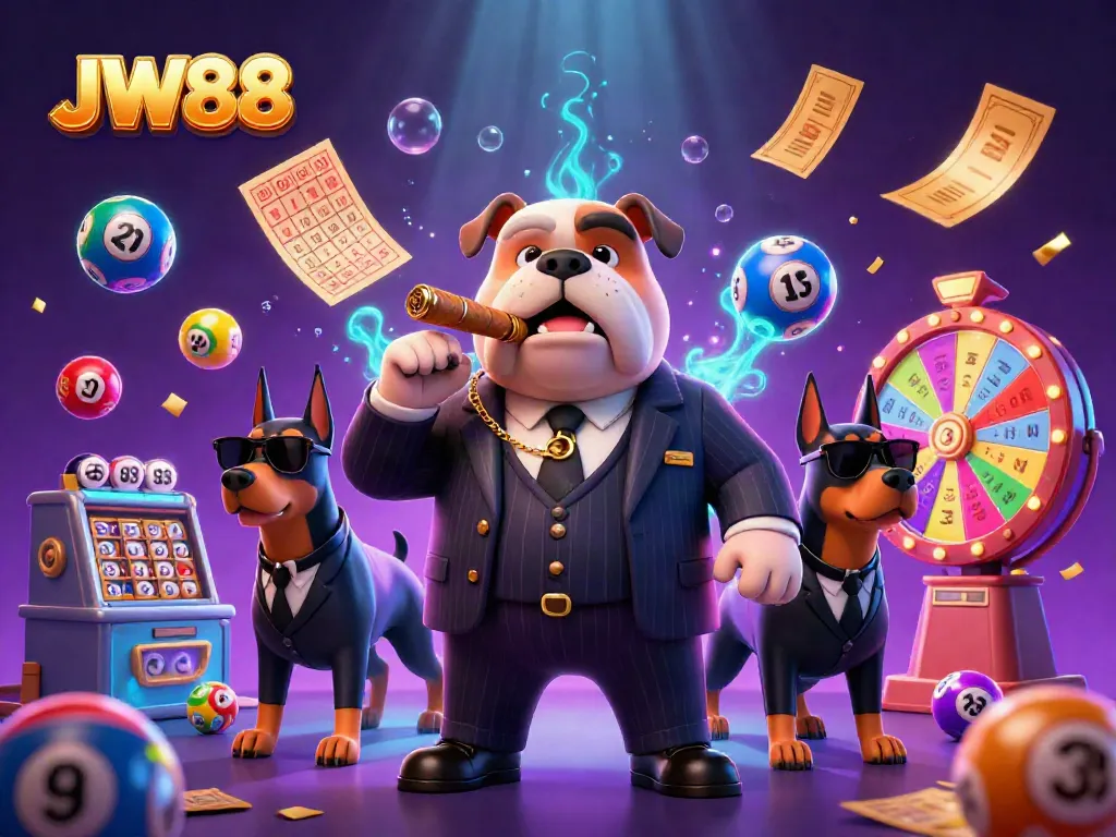 Spin to win at JW88 with colorful lottery balls and an energetic mafia casino scene.