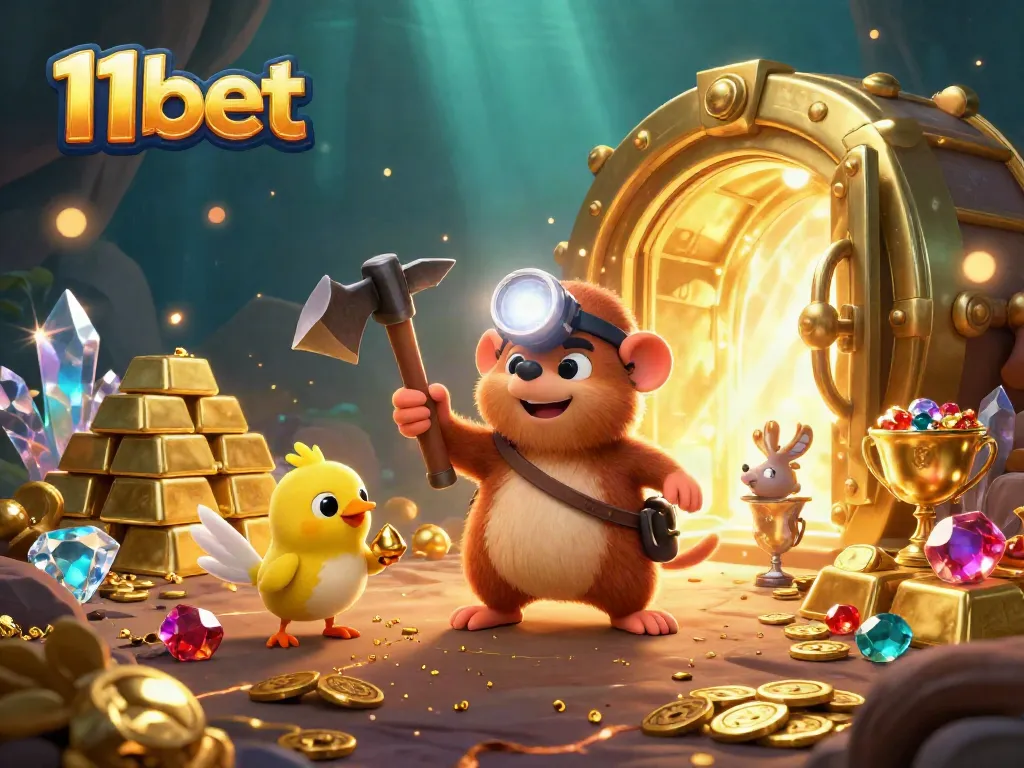 Experience the thrilling world of 11bet with this vibrant treasure hunting scene filled with gold and gems.