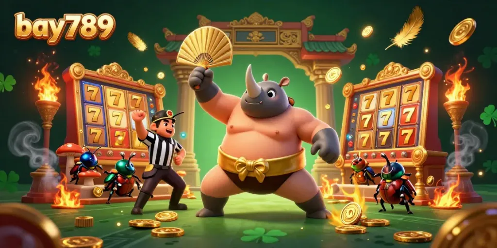 Watch bay789's exciting slot game scene featuring a bold beetle champion and golden coins cascading!
