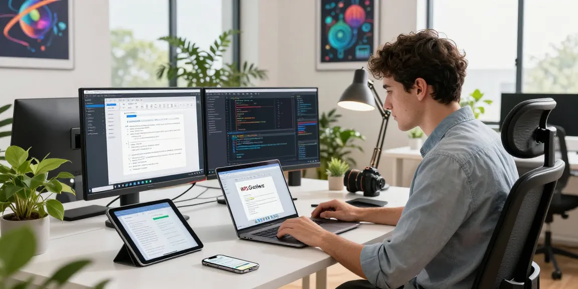 Focused workspace scene showing a developer using WPS Office on a laptop with dual monitors in a bright office.