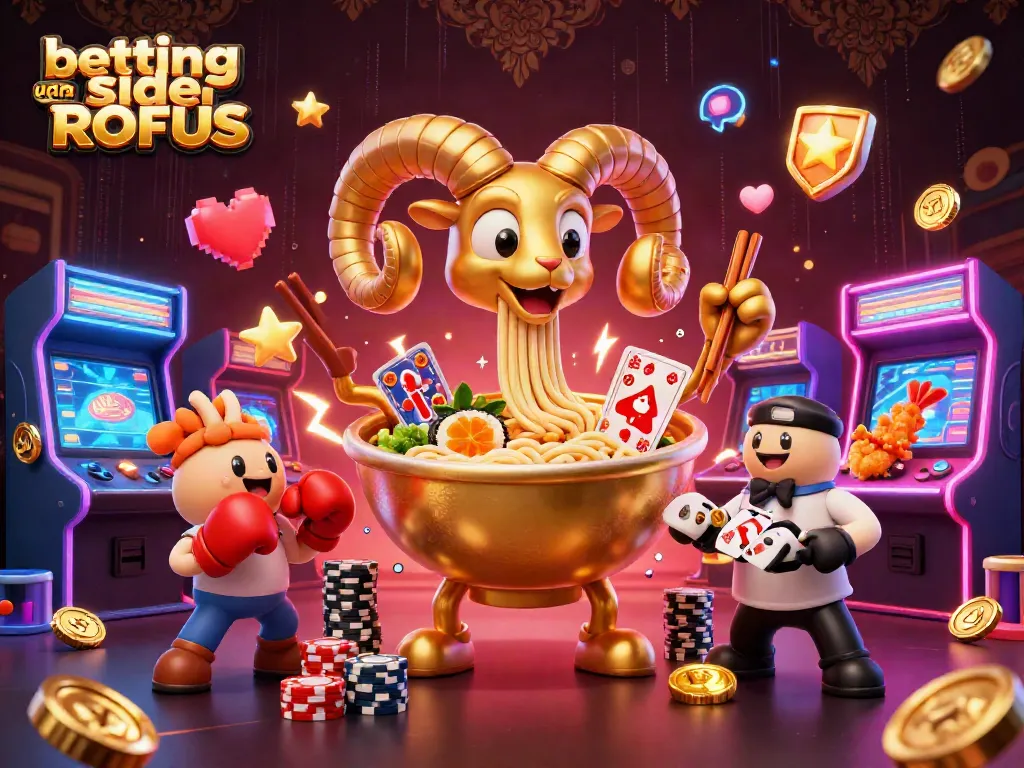Engaging illustration of betting sider uden ROFUS with cartoon characters stacking chips and cards amidst vibrant gaming elements.