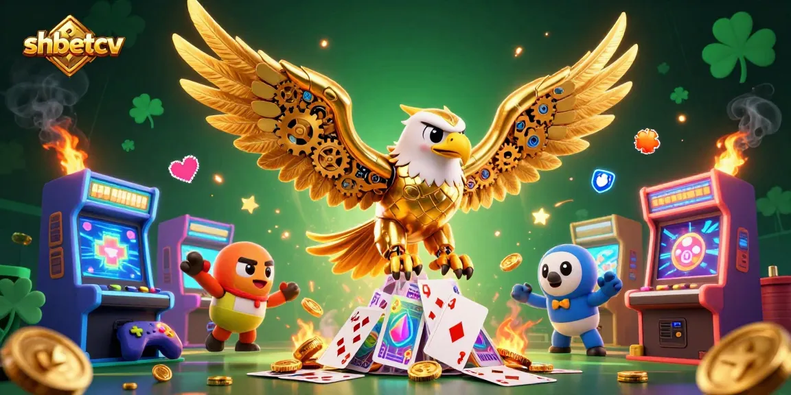 Engage with shbetcv's thrilling casino experience featuring vibrant game elements and a dynamic golden eagle.