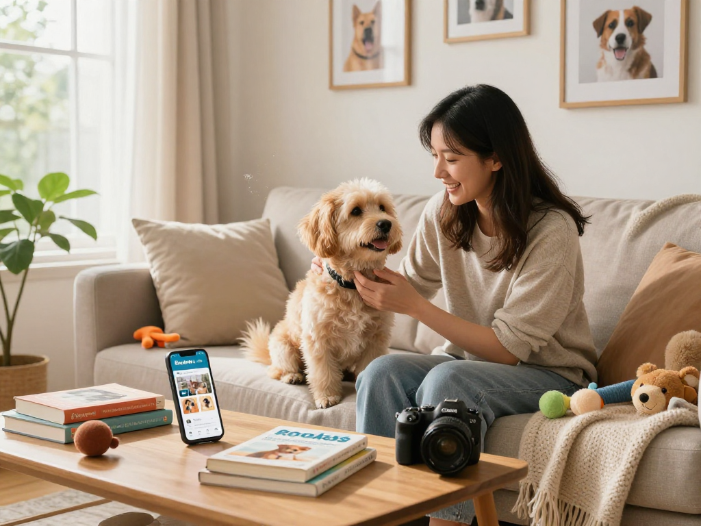 Owner bonding with pet in cozy home, showcasing rokok88 community engagement.