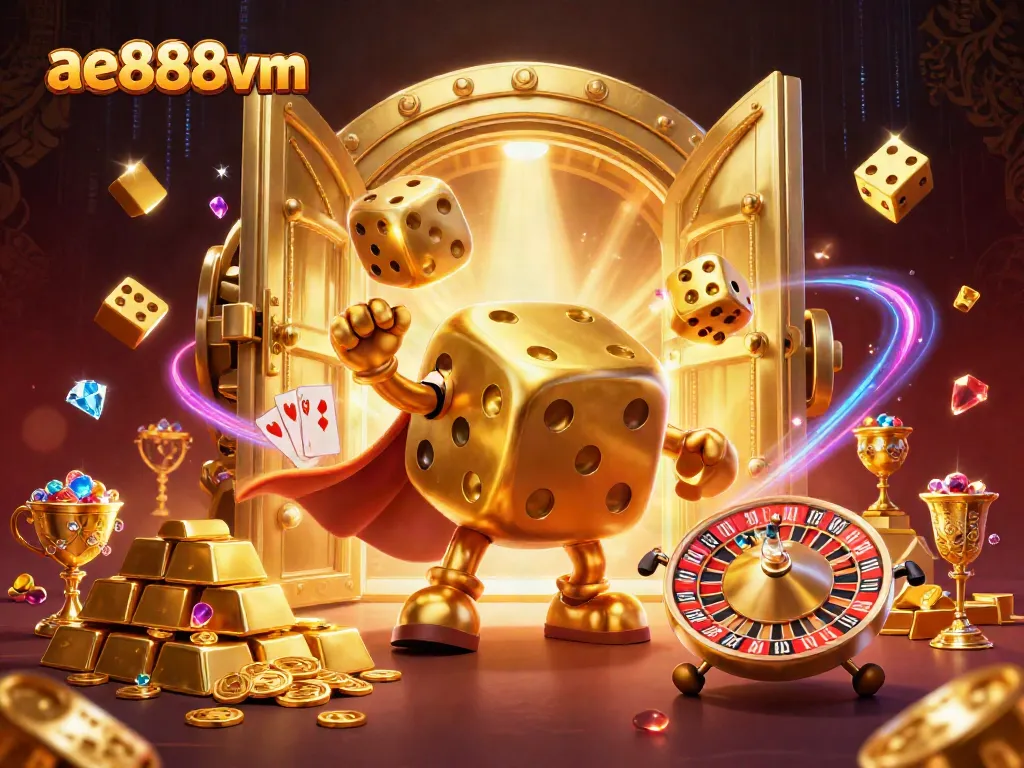Experience thrilling wins at ae888vm with a dazzling casino scene featuring animated characters and gold treasures.