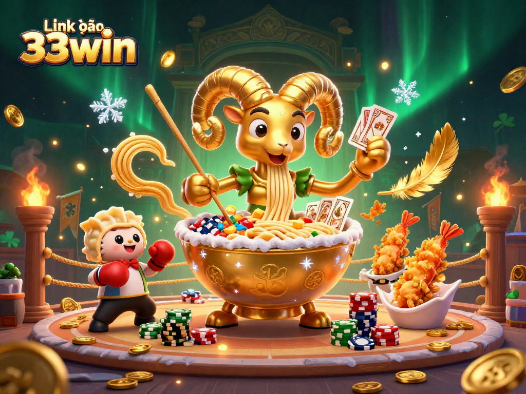 Experience exciting gaming with link vào 33win as a golden ramen bowl acts as the dealer, surrounded by lively casino elements.