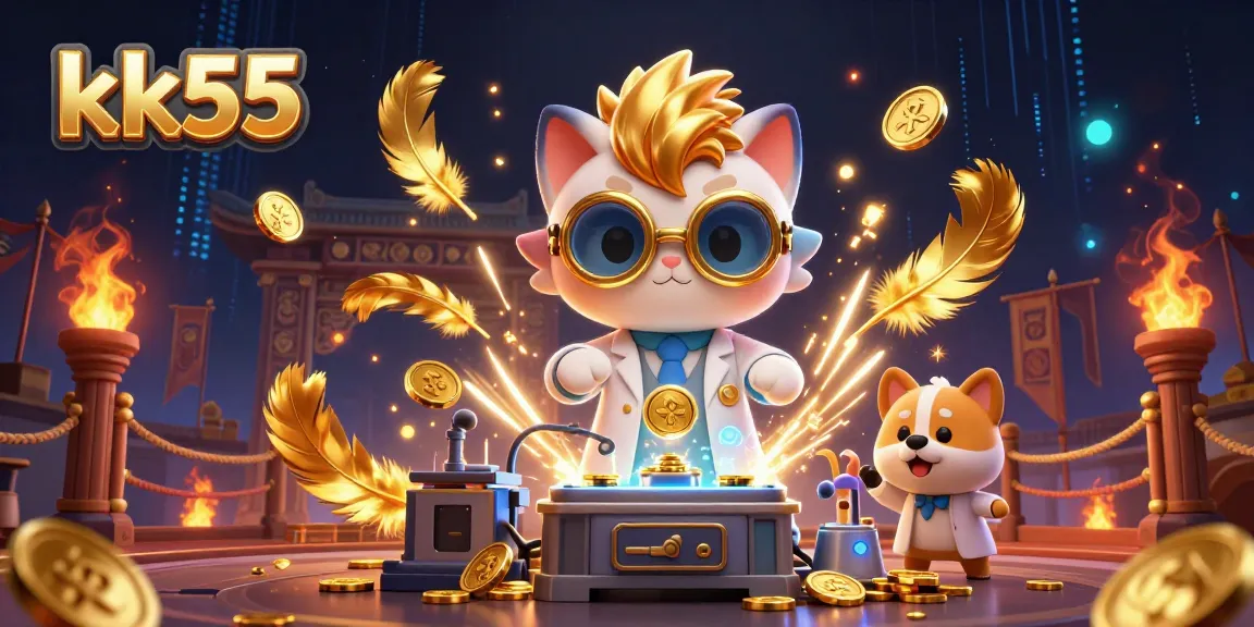 Engage with kk55's vibrant gaming scene featuring a mad scientist cat and loyal dog amidst casino elements.