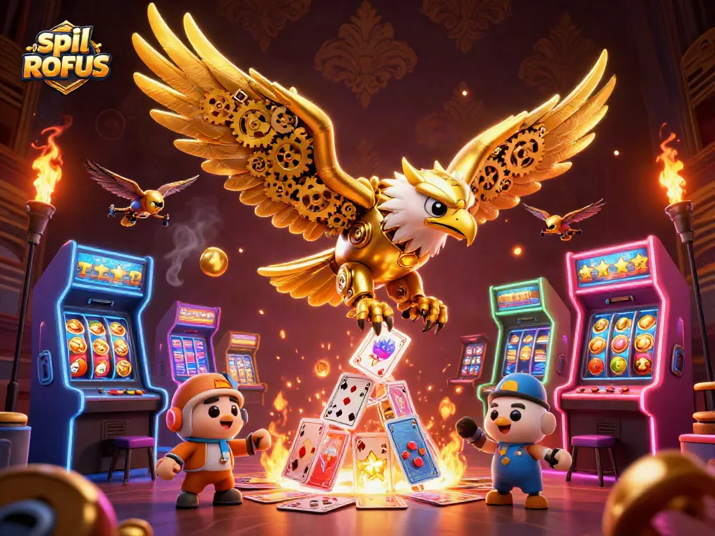 Experience immersive gaming action with spil uden om ROFUS in a vibrant, casino-themed 3D illustration.