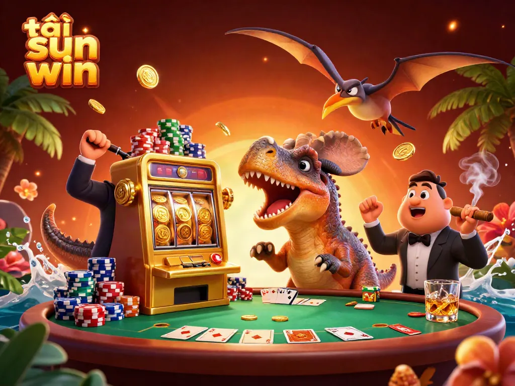 Headbutting a golden slot machine for a jackpot, featuring a pachycephalosaurus and casino elements, tải sun win.