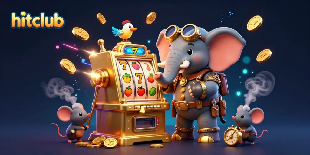 Engage with hitclub's exciting slots through a whimsical casino scene featuring an animated elephant engineer and vibrant slot elements.