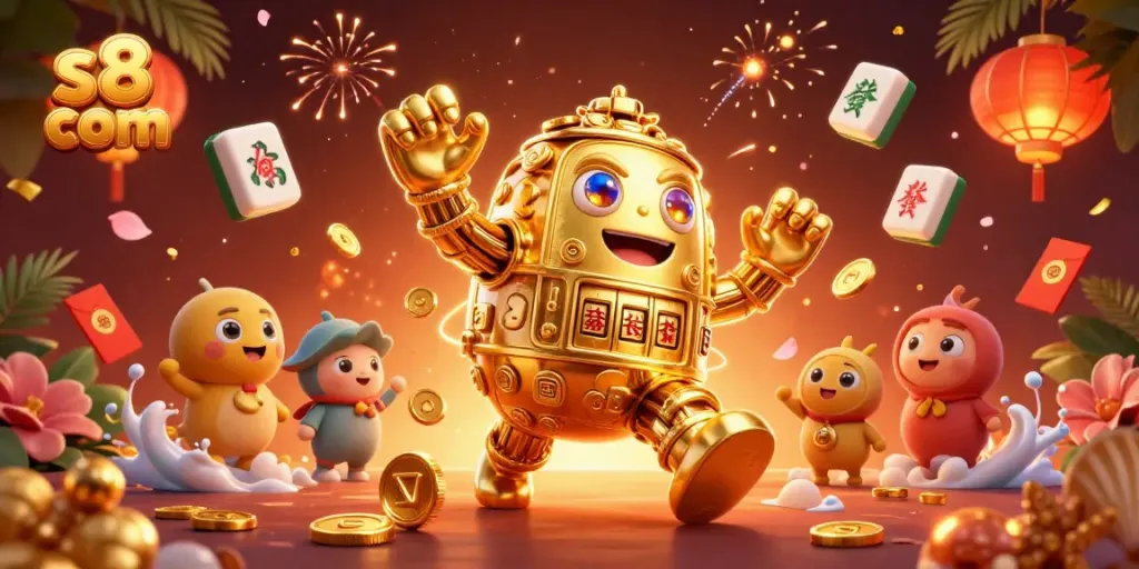 Experience extraordinary gaming at s8 com with vibrant casino elements and a golden golem mascot.