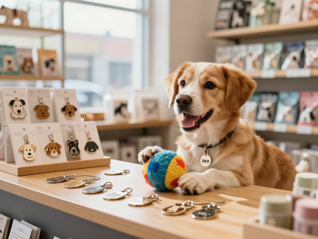 Een blije hond die speelt met een speelgoedje en een hondenpenning graveren met naam draagt in een gezellige dierenwinkel.