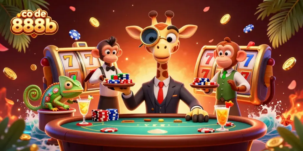 Play and win with co de 888b in this vibrant casino scene featuring unique characters.
