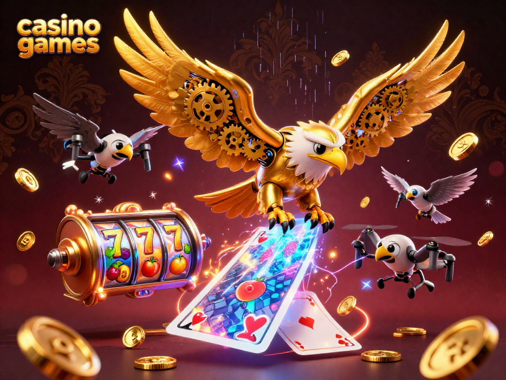 Engaging illustration of casino games featuring a cybernetic eagle and spinning slot reels.