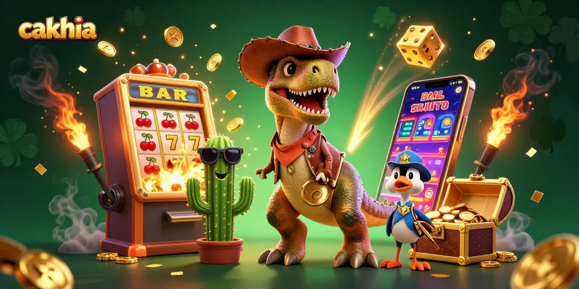 Cakhia delivers thrilling slot game excitement with colorful casino elements and interactive characters in a packed illustration.