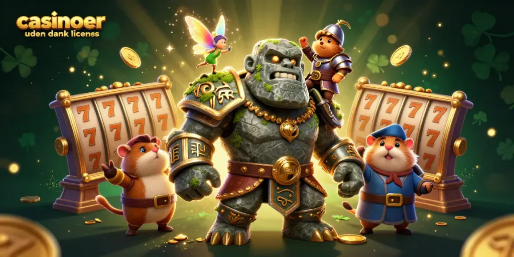 Engage in exciting gameplay at casinoer uden dansk licens with a magical golem and fairy, surrounded by dynamic slot action.