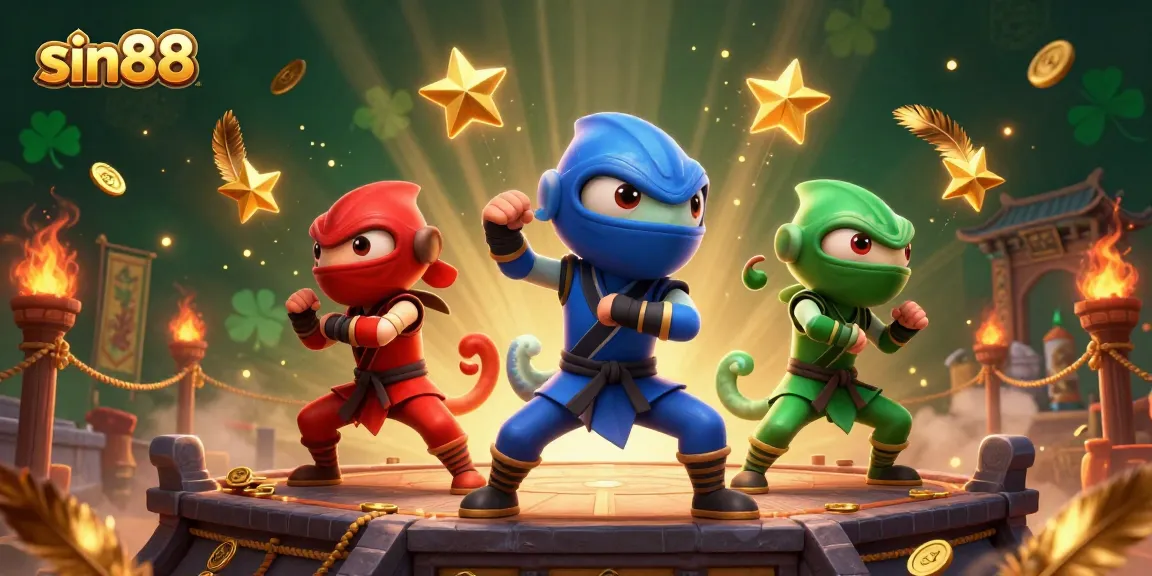 Experience sin88's vibrant casino world with ninja chameleons showcasing incredible martial arts amidst golden tokens.