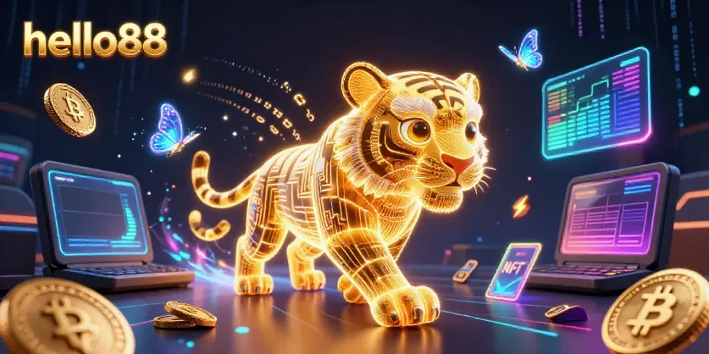 Experience the vibrant gaming world of hello88 with a neon-wireframe tiger and crypto elements.