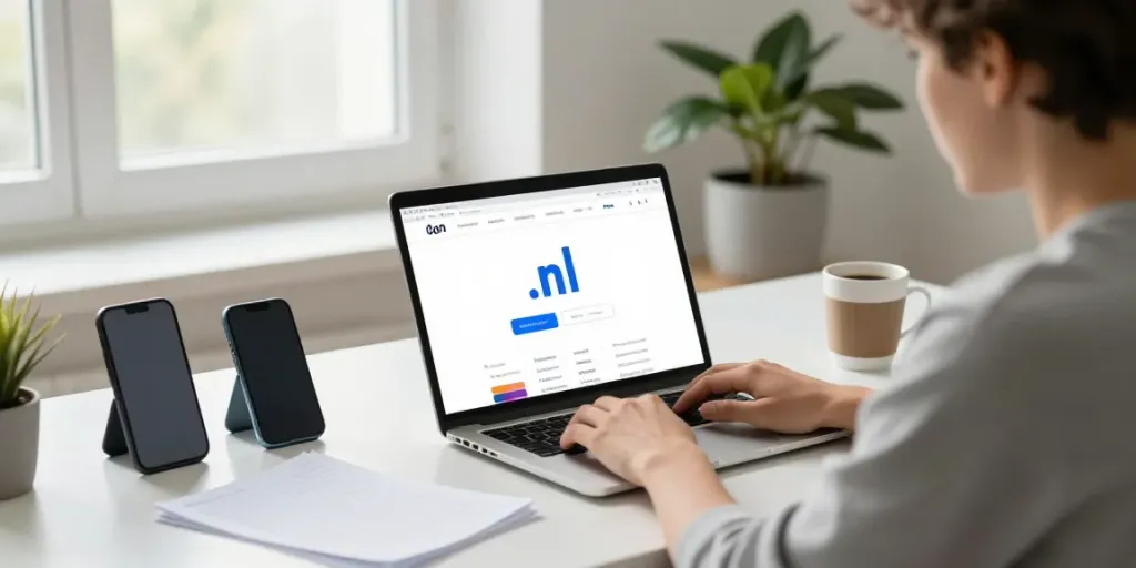 Een .nl domein registreren in een moderne werkruimte met laptop, notities en planten.