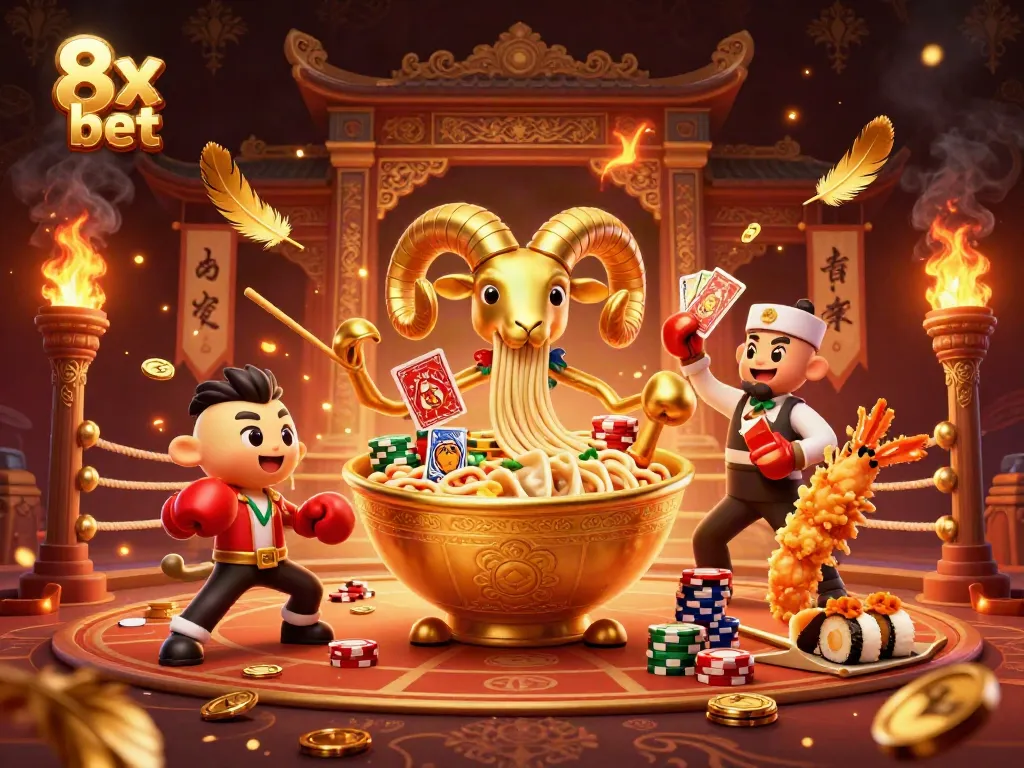 Engage in thrilling gambling excitement with 8x bet, where cartoon characters deal cards amidst a dynamic casino setting.