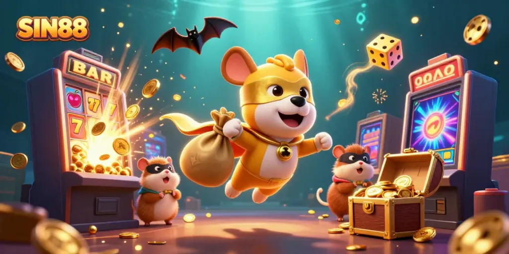 SIN88 - A superhero dog with a golden cape flying with coins and a hamster, surrounded by casino game elements.