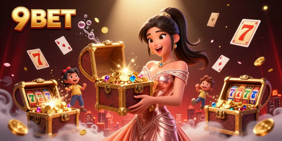 Engage with 9BET's vibrant casino world featuring jackpot slots, gold coins, and treasures.