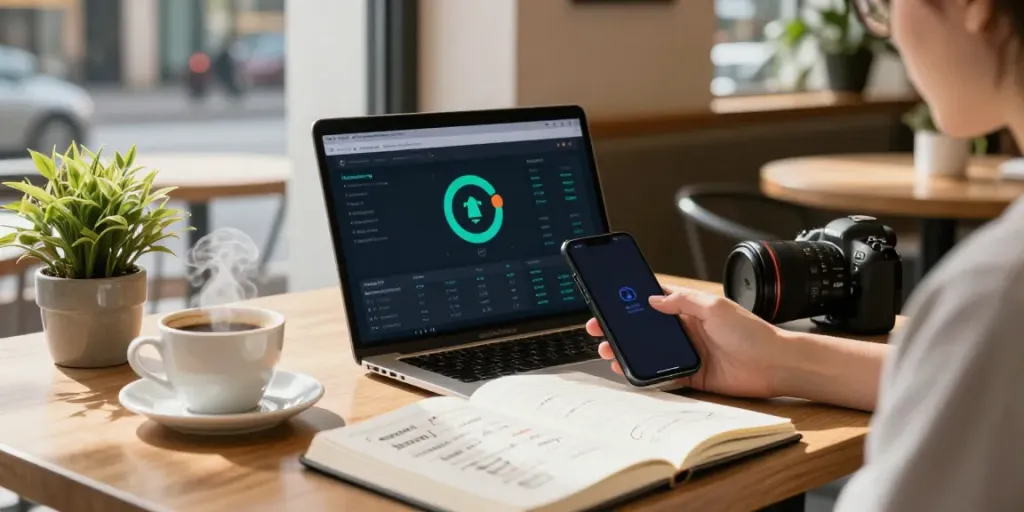 Person using the Internet Money wallet app at a stylish café, showcasing modern cryptocurrency trading.