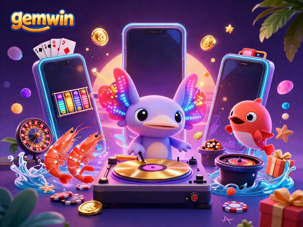 Experience the vibrant gemwin gaming world with an axolotl DJ and aquatic characters surrounded by casino elements.
